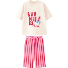 Lolli Boom Kids Kız Çocuk Müslin Jogger Pantolonlu Baskılı Kurdela Sevimli Tavşan  Detaylı Altüst Takım