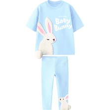Kız Çocuk 3D Sevimli Tavşan Peluş Aplike Detaylı  Pamuklu T-Shirt Fitilli Tayt Alt Üst Takım