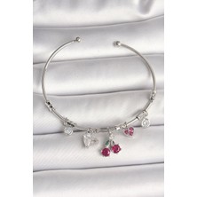 Pirinç Gümüş Renk Sallantı Kiraz Figür Kalp Detay Charm Kadın Bileklik