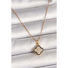 316L Çelik Gold Renk Zincir Zirkon Taşlı Yonca Model Kadın Kolye