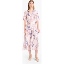 DeFacto Gömlek Yaka Batik Desenli Kuşaklı Kısa Kollu Midi Yazlık Elbise F1827AX25SM