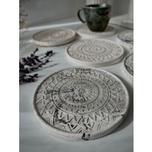 3 Mermer Desenli, 3 Beyaz 6'lı Tabak Seti, Mandala Bardak Altlığı, Iskandinav-Bohem Dekoratif Tabak
