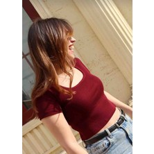 Kare Yaka Fitilli %100 Pamuk Kısa Kollu Crop T-Shirt