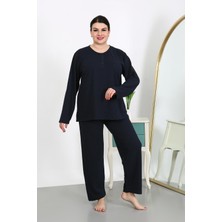 TechMerkez Kadın Büyük Beden Uzun Kol Penye Pijama Takımı Lacivert 202501