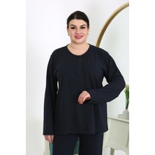 TechMerkez Kadın Büyük Beden Uzun Kol Penye Pijama Takımı Lacivert 202501