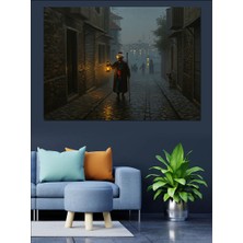 Gece Lambasıyla Sisli Sokak Dekoratif Kanvas - Mdf Ahşap Tablo