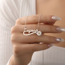 Hom Silver Jewelry 925 Ayar Gümüş Kişiye Özel Isimli Mineli Papatya Tasarımlı Kadın Kolye