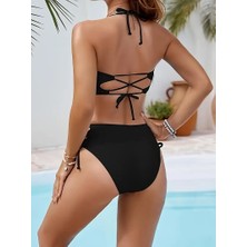 Siyah Bağcıklı Üst Detayı, V-Detay, Yüksek Bel Bikini Takımı