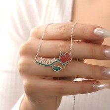 925 Ayar Gümüş Kişiye Özel Isimli Mineli Gül Tasarımlı Kadın Kolye