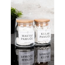 2'li Ahşap Kapaklı Cam Pamuk Seti Kulak Pamuğu ve Makyaj Pamuğu Organize Seti Banyo Seti
