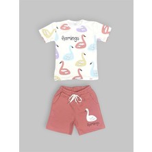 Mnk Baby & Kids Baskılı Kız Çocuk Tişört Şort Takım M00730 Kahverengi