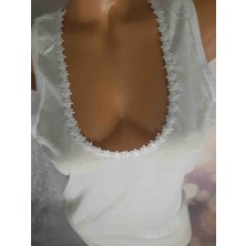 Beyaz Kalın Askılı Yakası Papatyalı %100 Pamuk Rahat Kullanışlı Kadın Atlet