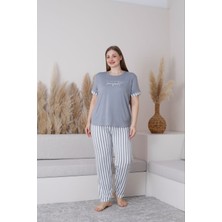 Kadın Milan Kumaş Büyük Beden Curve Baskılı Desenli Kısa Kollu Bambu Pijama Takımı