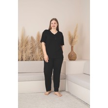 Kadın Büyük Beden Desenli Yakası Düğmeli Kısa Kollu Bambu Pijama Takımı