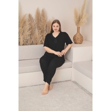 Kadın Büyük Beden Desenli Yakası Düğmeli Kısa Kollu Bambu Pijama Takımı