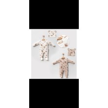 Pamuklu Şapkalı Unisex Hayvan Desenli 2'li Tulum Seti 4 Parça