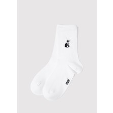 Mavi Kedi Nakışlı Beyaz Soket Çorabı 1913433-620