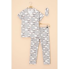 Gri Kuzu Desenli Kısa Kollu Kız Çocuk Göz Bantlı Pijama Takımı 20594