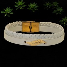 Archin Yaprak Motifli 14 Ayar Altın Plakalı Özgün Derili Kadınlar İçin İsme Özel Bileklik