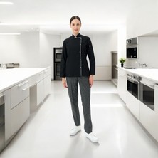 Dinçer Atakan İş Elbiseleri Chefpro Elite Şef Ceketi Kadın Siyah Alpaka Aşçı Kıyafeti