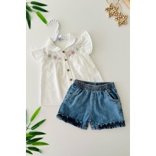 Miniğimin Cicileri Nakış Çiçek Desenli Kot Şortlu Kız Bebe 2 li takım - Beyaz