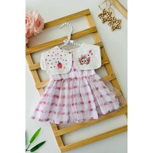 Miniğimin Cicileri Tavşan Yaka Detaylı Çilek Baskılı Kız Bebe tüllü elbise - Pembe