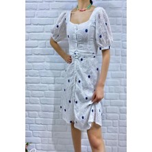 Elbee Fashion Woman Mavi Kemerli Kare Yaka Elbise