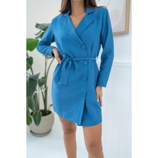 Elbee Fashion Woman Mavi Kemerli Düğmeli Ceket Elbise