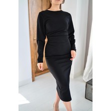 Elbee Fashion Woman Siyah Yırtmaçlı ve Büzgülü Elbise