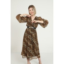 Elbee Fashion Woman Kahverengi Kemerli Elbise
