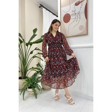 Elbee Fashion Woman Kırmızı Desenli Şifon Elbise