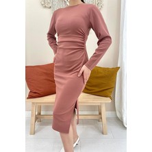 Elbee Fashion Woman Pudra Yırtmaçlı ve Büzgülü Elbise