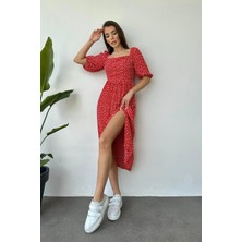 Elbee Fashion Woman Kırmızı Çiçek Desenli Sırt Detaylı Elbise