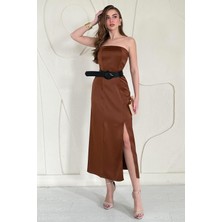 Elbee Fashion Woman Taba Straplez Saten Elbise