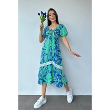 Elbee Fashion Woman Mavi Göğüsten Bağlamalı Elbise