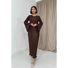 Elbee Fashion Woman Kahverengi İspanyol Kol Piliseli Elbise