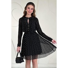 Elbee Fashion Woman Siyah Puantiyeli Şifon Elbise