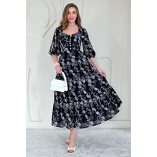 Elbee Fashion Woman Düğmeli Brode Elbise - Siyah