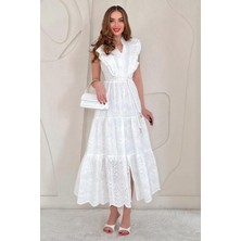 Elbee Fashion Woman Beyaz Fırfırlı Düğmeli Elbise