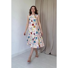 Elbee Fashion Woman Beyaz Yaprak Desenli Elbise