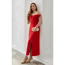Elbee Fashion Woman Kırmızı Madonna Yaka Güllü Elbise