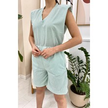 Elbee Fashion Woman Mint Çizgili Şortlu Takım