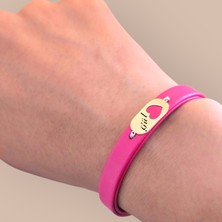 Archin 14 Ayar Altın Plakalı Oval ve Kalp Motifli Derili Kadınlara İsme Özel Bileklik-377İsim-PEMBE