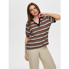 Polo Yaka Payetli Çizgili Örme Bluz S25BLZ012