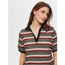 Polo Yaka Payetli Çizgili Örme Bluz S25BLZ012