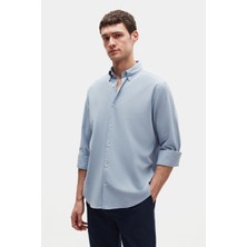 Ds Damat Comfort Toz Mavisi Düğmeli Yaka Rahat Kesim Keten Görünümlü %100 Pamuk Gömlek 2HC02ORT64265