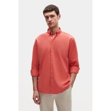 Ds Damat Comfort Nar Çiçeği Düğmeli Yaka Rahat Kesim Keten Görünümlü %100 Pamuk Gömlek 2HC02ORT64265