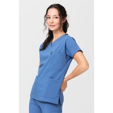 Ultralycra Spaniard - Likralı Doktor Hemşire Scrubs Tek Üst Cerrahi Forma (Kadın), Indigo