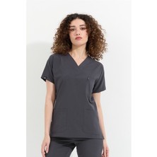 Happiness Spaniard - Likralı Doktor Hemşire Scrubs Tek Üst Cerrahi Forma (Kadın), Antrasit