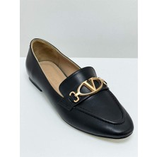 Krıste Bell 0154 Siyah Cilt Üzeri V Toka Babet Kadın Ayakkabı